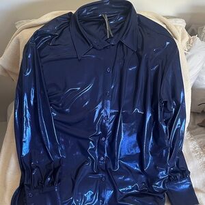Anthropologie Shiny Blue Button-Up Top